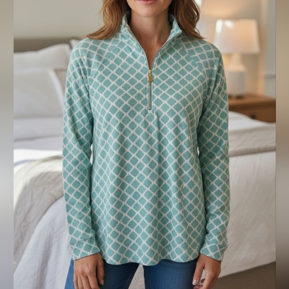 Pappagallo - NWT, Turquoise & White Diamond Print, Long Sleeve Pullover Warm-up - Picture 1 of 11